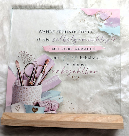 Dekoschild aus Glas mit Holzständer – verschiedene Designs & Sprüche